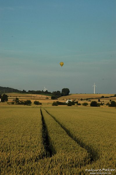 Weizenfeld, Diemardener Warte, Windräder, Heißluftballon, Treckerspur, Göttingen, Deutschland