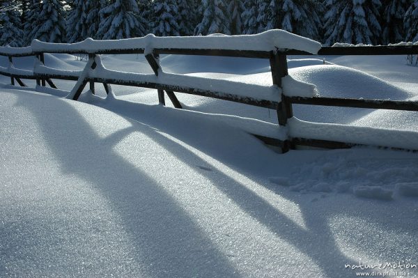 Zaun, schneebedeckt, Schattenwurf, Torfhaus, Harz, Deutschland
