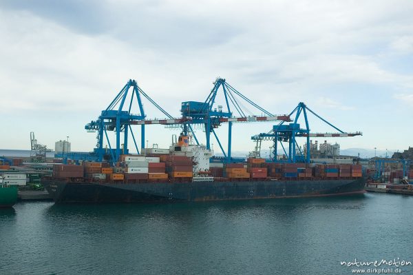 Containerschiff, Hafen von Genua, Blick von der Fähre Genua-Bastia aus, Genua, Italien