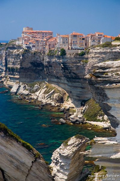 Kreidefelsen von Bonifacio, Häuser am Klippenrand über dem Meer, Korsika, Frankreich