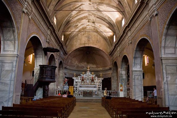 Eglise St. Marie, Bonifacio, Innenraum mit Schiff, Kreuzgewölbe und Altar, Korsika, Frankreich