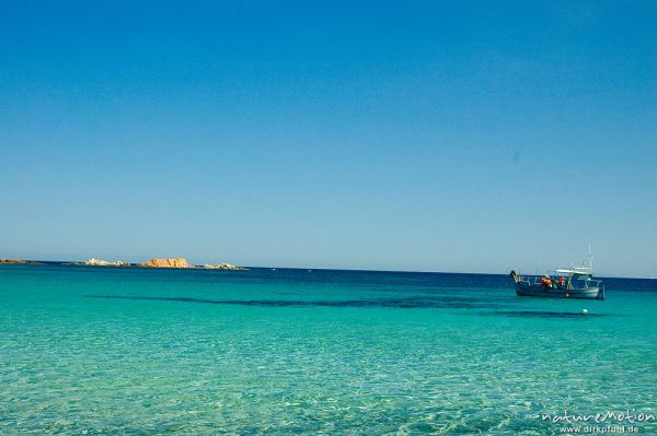 Fischerboot in türkisblauem Wasser, Bucht von Palombaggia, Korsika, Frankreich