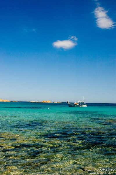 Fischerboot in türkisblauem Wasser, Bucht von Palombaggia, Korsika, Frankreich