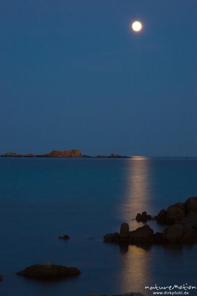 Vollmond über der Bucht von Palombaggia, Felsen und Lichtreflexe, Abenddämmerung, lange Belichtungszeit, Zeitreihe, Korsika, Frankreich