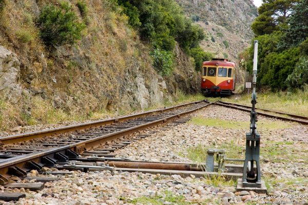 Schmalspurbahn, Diesellok, Einfahrt Bahnhof von Ile Rousse, Korsika, Frankreich