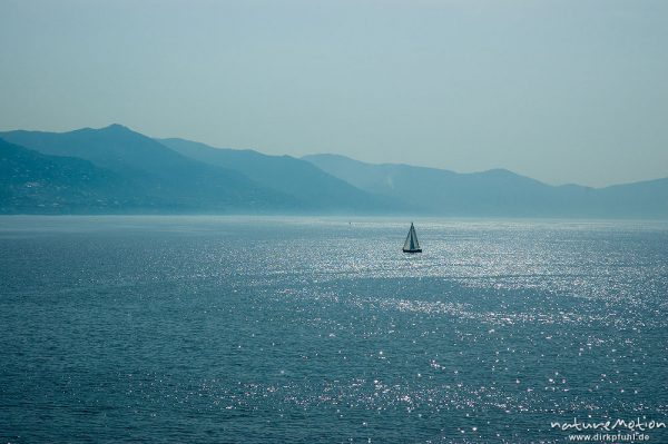 Segelboot vor der Küste bei Genua, Lichtreflexe auf dem Wasser, Genua, Italien