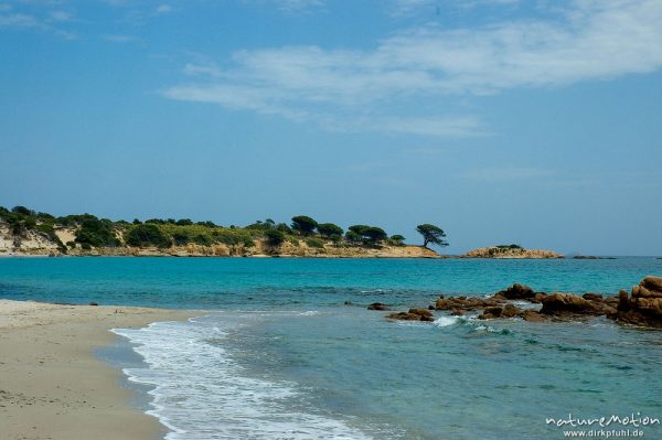 Bucht bei Palombaggia, Pino Acciaju, Strand und Felsen, Korsika, Frankreich