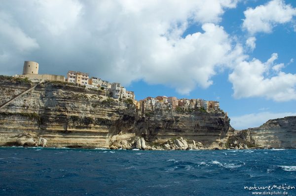 Bonifacio vom Meer aus, Altstadt am Klippenrand, Korsika, Frankreich