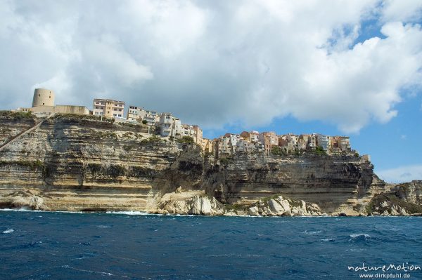 Bonifacio vom Meer aus, Altstadt am Klippenrand, Korsika, Frankreich