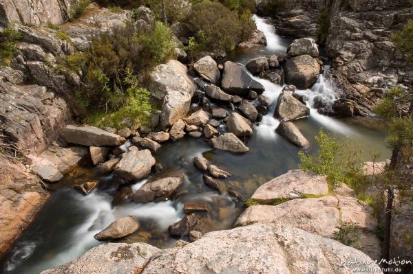 Gebirgsbach mit Wasserfällen und Felsen, Oso-Bach, Piscia di Gallo, Korsika, Frankreich