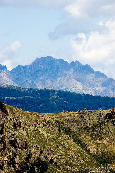 Blick zur Bergerie de Capellacio, im Hintergrund vermutlich der Cima a i Mori, Korsika, Frankreich