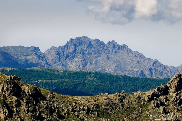 Blick zur Bergerie de Capellacio, im Hintergrund vermutlich der Cima a i Mori, Korsika, Frankreich