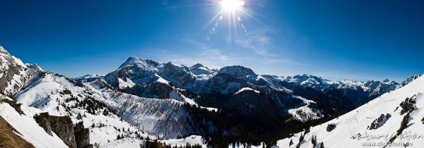 Blick vom Jänner, Alpenpanorama, Gipfelzüge südlich des Jänner, Schönau am Königssee, Deutschland
