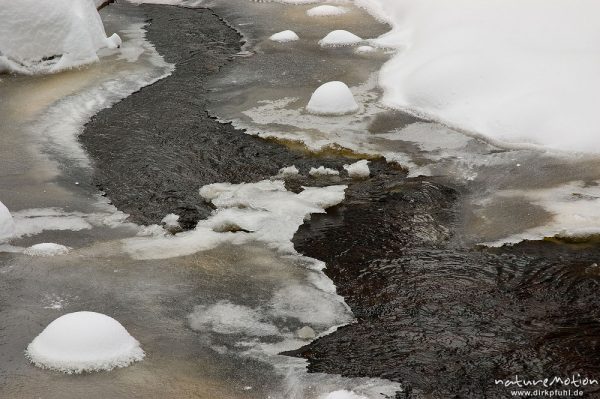 zugefrorener Bachlauf, Oder oberhalb des Oderteichs, Harz, Deutschland