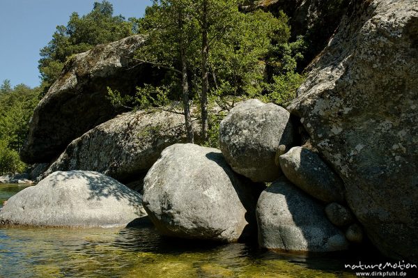 Felsen im Bachbett, übereinander gestapelt, Restonica-Tal, Korsika, Frankreich