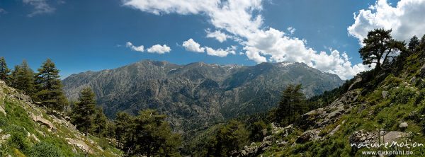 Bergpanorama, Gipfelkette östliches Restonica-Tal, ganz rechts der Monte Rotondo, Korsika, Frankreich