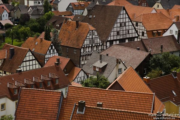 Fachwerkhäuser und Ziegeldächer, Altstadt von Warburg, Warburg, Deutschland