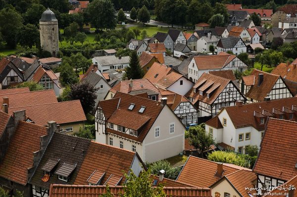 Biermannturm, Fachwerkhäuser und Ziegeldächer, Altstadt von Warburg, Warburg, Deutschland