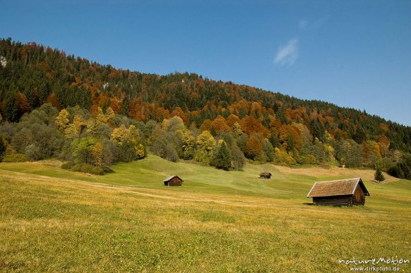 Heuschober, Wiesen und Herbstwald, Geroldsee, Klais, Deutschland