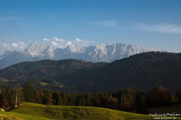 Höhenzüge des Karwendel im Abendlicht, Blick von der Gschwandt-Alm, Garmisch-Partenkirchen, Deutschland