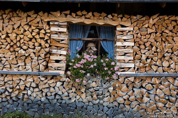 Kaminholz, um das Fenster einer Hütter herum geschichtet, im Fenster Puppe mit Schlapphut, Lautersee, Mittenwald Oberbayern, Deutschland