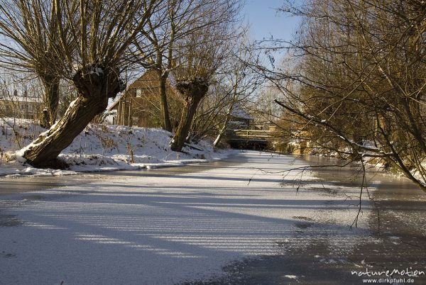 zugefrorener Fluss, Leinekanal mit geschlossener Eisdecke, Kopfweiden, Walkemühle, Brauweg, Göttingen, Deutschland