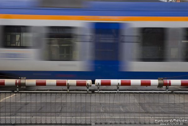 vorbeifahrender Zug, davor geschlossene Schranken eines Bahnübergangs, Cantus, Bahnübergang Friedland, Friedland, Deutschland