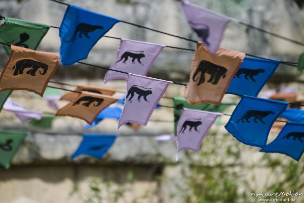 bunte Fahnen mit Tiermotiven, an Schnüren über Platz, Elefantengehege, Zoo Hannover, Hannover, Deutschland