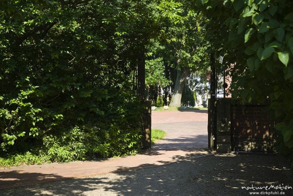 offenes Tor, von grünem Laub umgeben, Stift Bassum, Bassum, Deutschland