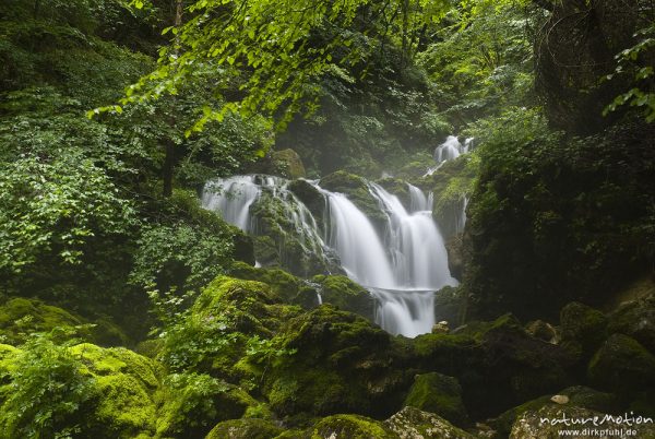 Wasserfall der Mosnica, Regen und Nebelstimmung, Planinska Vojah Alm, Triglav-Nationalpark, Slowenien