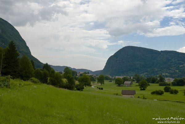 Trogtal, durch eiszeitliche Gletscher geformter Talquerschnitt, Stara Fuzina, Bohinjer See Wocheiner See, Slowenien