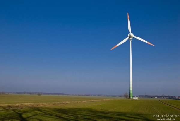 Windkraftanlage, Windrad, Enercon E-40, einzelne Anlage inmitten Getreidefeld, Morgenlicht, blauer Himmel, Preetz, Nordvorpommern, Deutschland