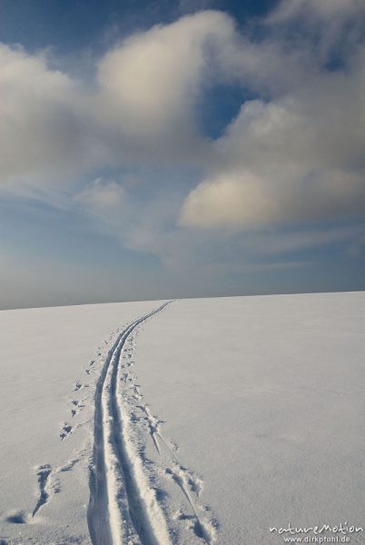 Skispur in unberührter Schneedecke, Himmel, Göttingen, Deutschland