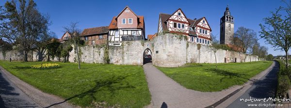 mittelalterliche Stadtmauer mit Tor, Fachwrkhäusern und Kirchturm, davor Parkanlage, Bad Sooden-Allendorf, Deutschland