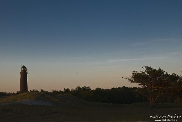 Leuchtturm Darsser Ort inmitten von Dünenlandschaft, Wolken, Abendlicht, Darß, Zingst, Deutschland