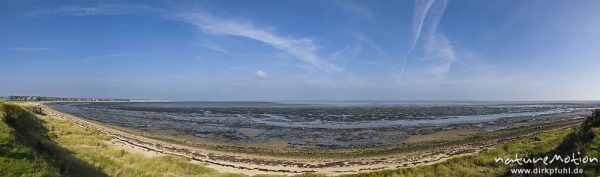 Watt bei Ebbe, Kliff Ual Anj, Häuser und Kirchturm von Nebel, Amrum, Deutschland