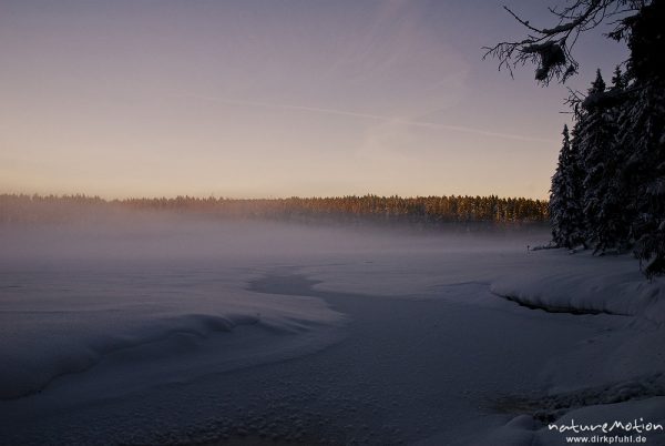 Nebel über dem zugefrorenen Oderteich, letztes Tageslicht, vom Sonnenuntergang orange gefärbt, Eiskristalle, Schneeverwehungen, Harz, Torfhaus, Deutschland