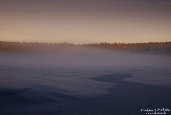 Nebel über dem zugefrorenen Oderteich, letztes Tageslicht, vom Sonnenuntergang orange gefärbt, Eiskristalle, Schneeverwehungen, Harz, Torfhaus, Deutschland
