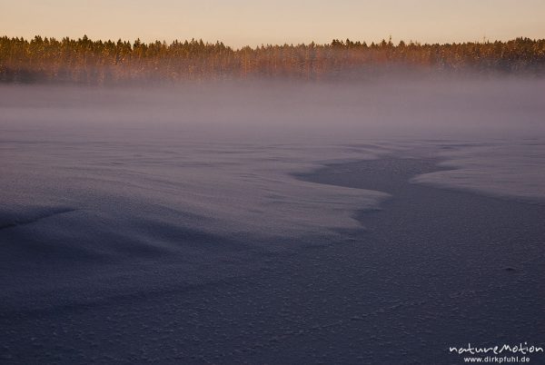 Nebel über dem zugefrorenen Oderteich, letztes Tageslicht, vom Sonnenuntergang orange gefärbt, Eiskristalle, Schneeverwehungen, Harz, Torfhaus, Deutschland