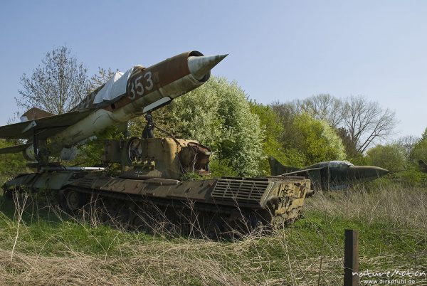 MIG-21, russisches Kampfflugzeug, ausgeschlachtetes Exemplar auf dem überwucherten Außengelände des geschlossenen Norddeutschen Auto- und Mottorradmuseums, Bad Oeynhausen, Deutschland