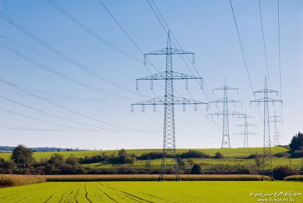 Hochspannungsleitung, 110 kV Leitung, inmitten von Feldern mit frisch ausgetriebenem Wintergetreide, Diemeltal bei Trendelburg, Trendelburg, Deutschland