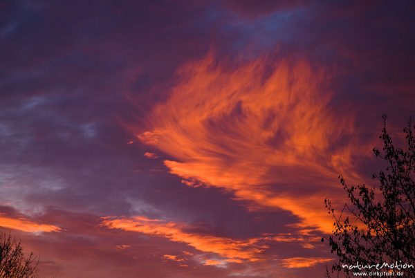 Rot leuchtende Wolken beim Sonnenaufgang, Göttingen, Deutschland