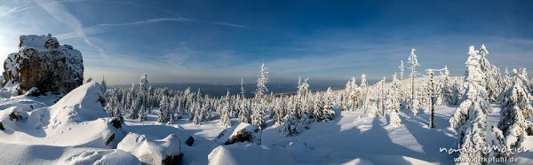 Hanskühnenburg-Klippe, schneebedeckte Fichten, Blick über den Harz Richtung Altenau, St. Andreasberg (Harz), Deutschland