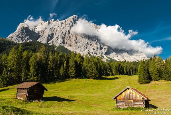 Zugspitz-Massiv mit Zugspitze in Wolken, Blick von Bergwiesen unterhalb Ehrwalder Alm, Heuschober, Abendlicht, Wetterstein, Ehrwald, Östereich