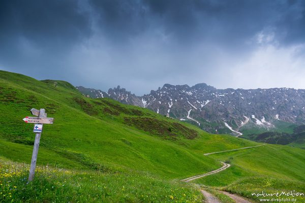 aufziehendes Gewitter, Wanderweg zur Rosszahnscharte, Rosszähne, Sattler Schwaige, Seiseralm (Südtirol), Italien