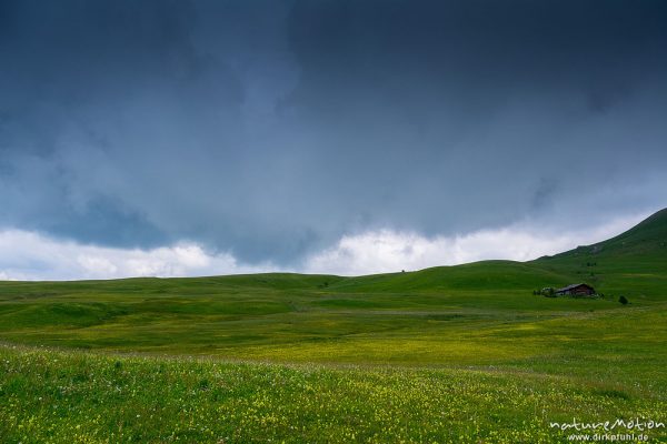 Gewitterwolken, Hütten und Almwiesen, Seiseralm (Südtirol), Italien
