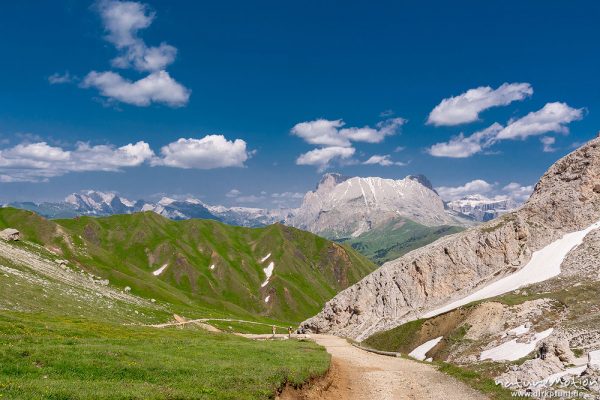 Langkofel, Plattkofel, Sella, Wanderweg zwischen Plattkofelhütte und Tierser Alpl Hütte, Seiseralm (Südtirol), Italien