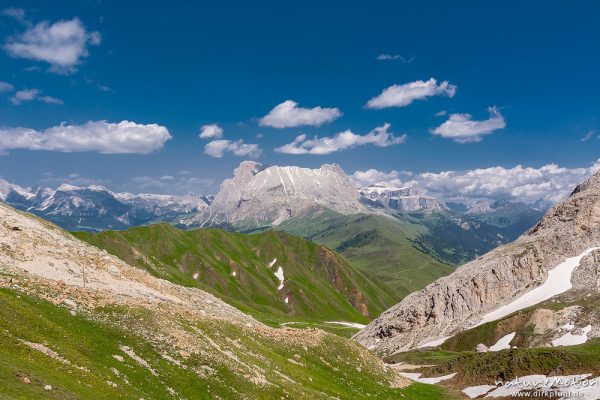 Geisslergruppe, Langkofel, Plattkofel, Sella, Wanderweg zwischen Plattkofelhütte und Tierser Alpl Hütte, Seiseralm (Südtirol), Italien