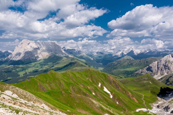 Langkofel, Plattkofel, Sella, Marmolada, Wanderweg zwischen Tierser Alpl Hütte und Kompatsch, Seiseralm (Südtirol), Italien