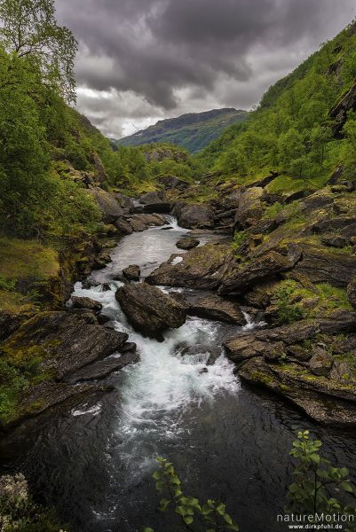 felsige Engstelle im Fluss Aurlandselvi, Stromschnellen, Aurlandsdalen, Aurlandsdalen, Norwegen